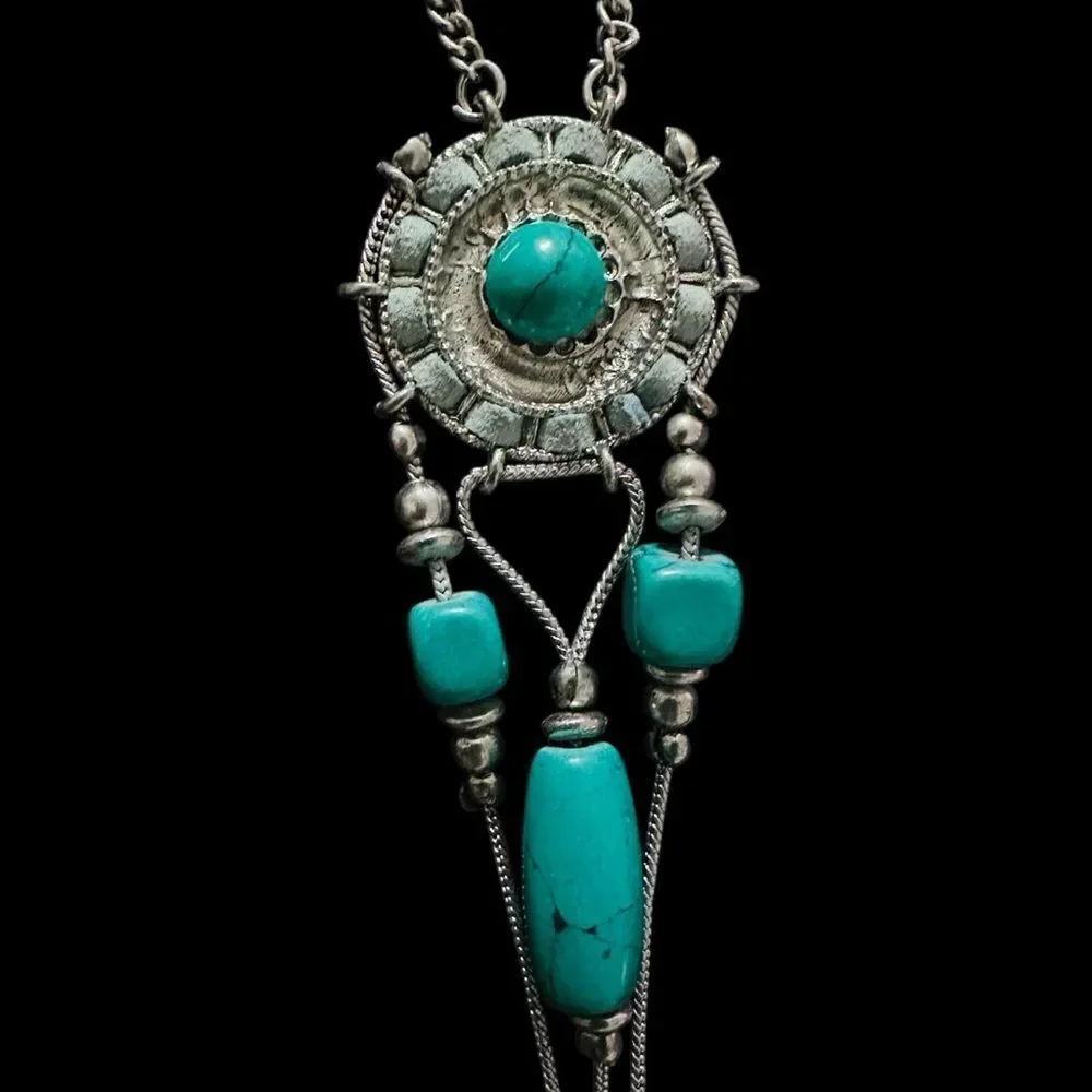 Silver Toned Faux Turquoise Stone Necklace Western Boho Leather Rawhide